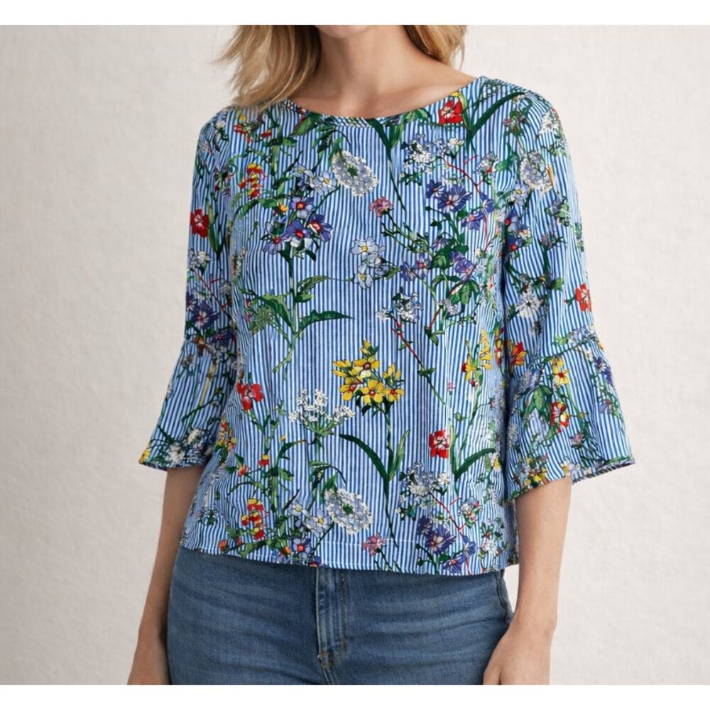 Womens Hobbs London Blue Striped Floral 3/4 Sleeve Blouse Size 6 EUC!